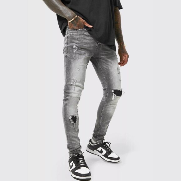 Boohoo Men's Skinny Stretch Rip & Repair Self Fabric Jeans - 34R - Picture 1 of 7